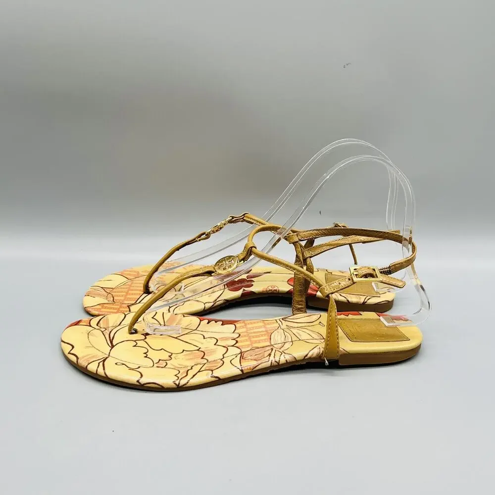Tory Burch Sandals Womens 7.5 Tan Patent Leather Floral Thong Logo Flats